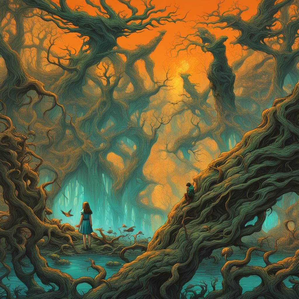 Eldritch Landscape: Girl in Twisted Forest, Ink Illustration