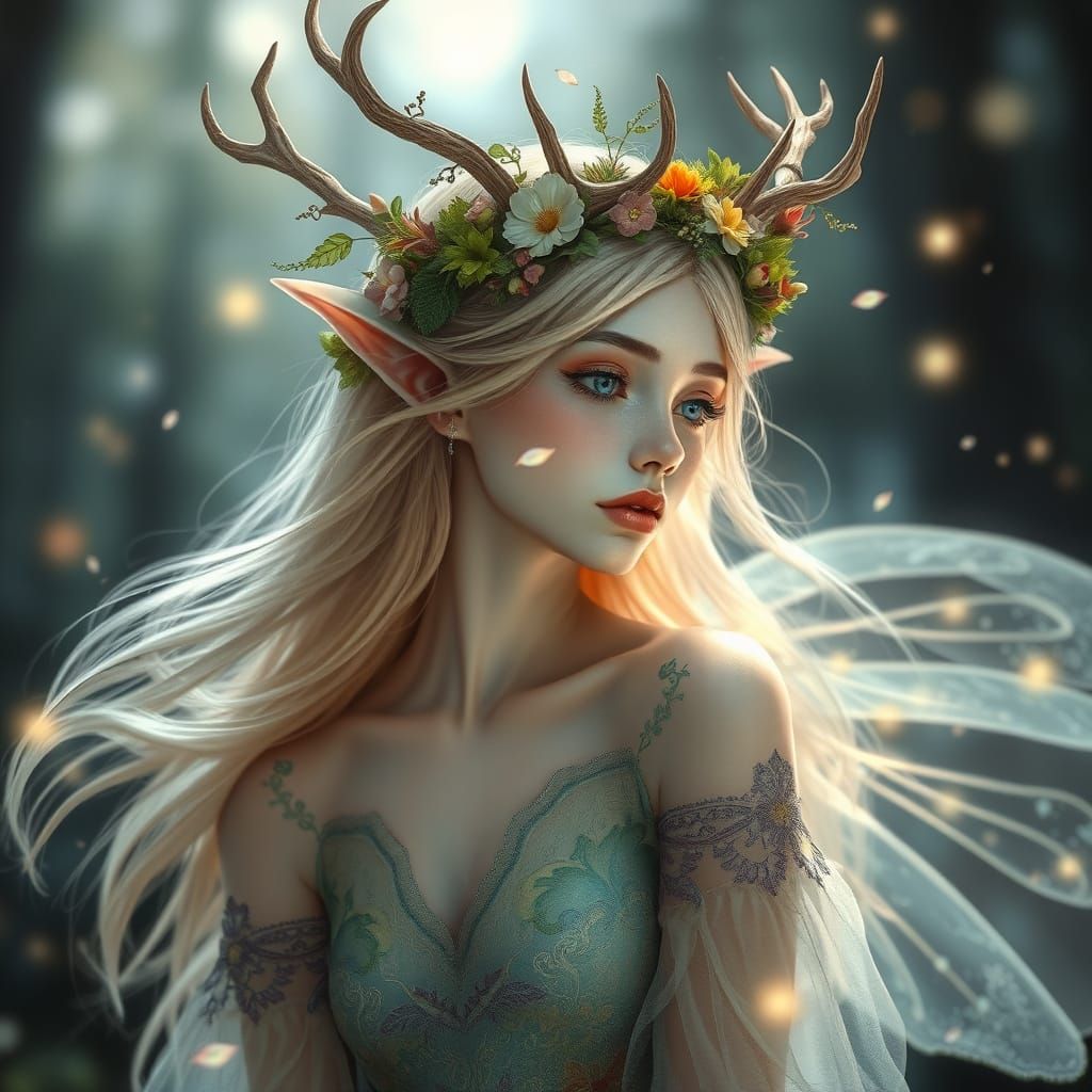 Ethereal Forest Fae with Antlers and Gossamer Dress