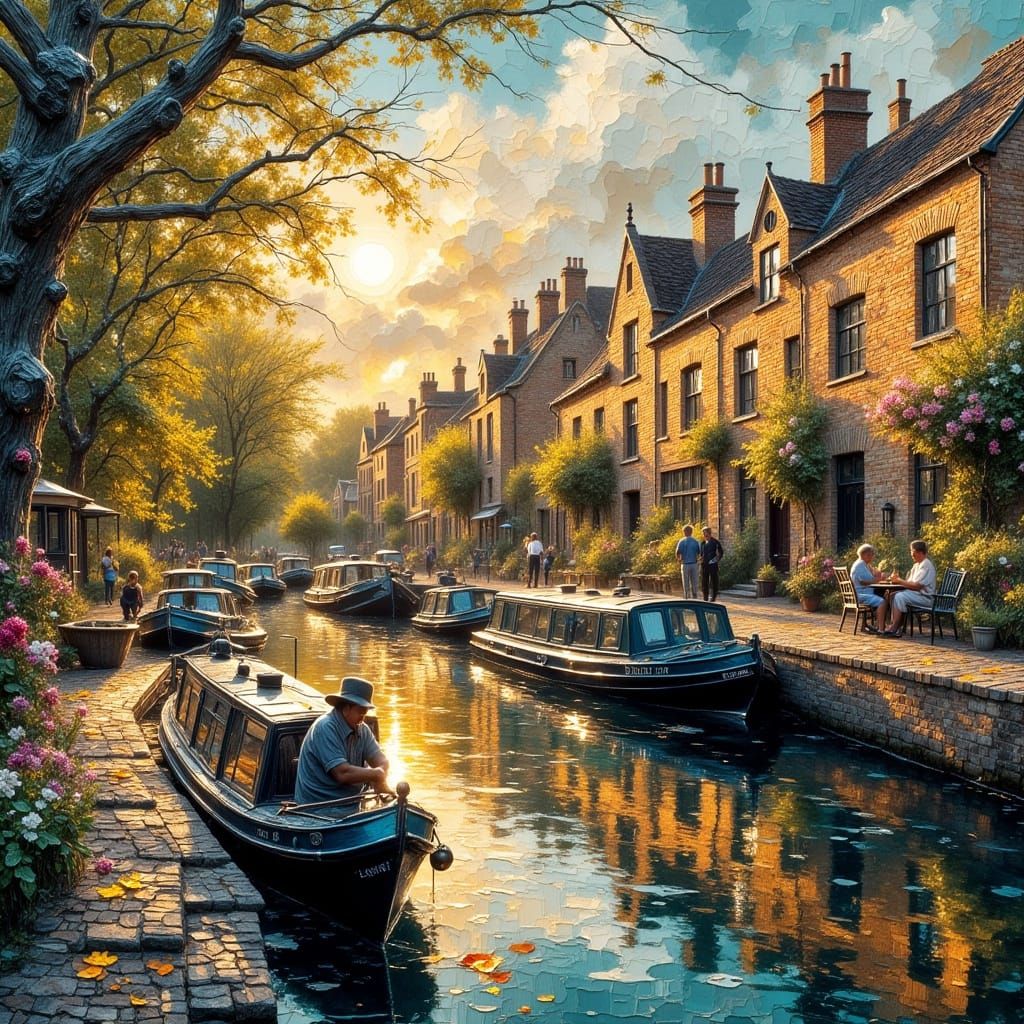 Idyllic English Canal Scene as Impasto Oil Painting