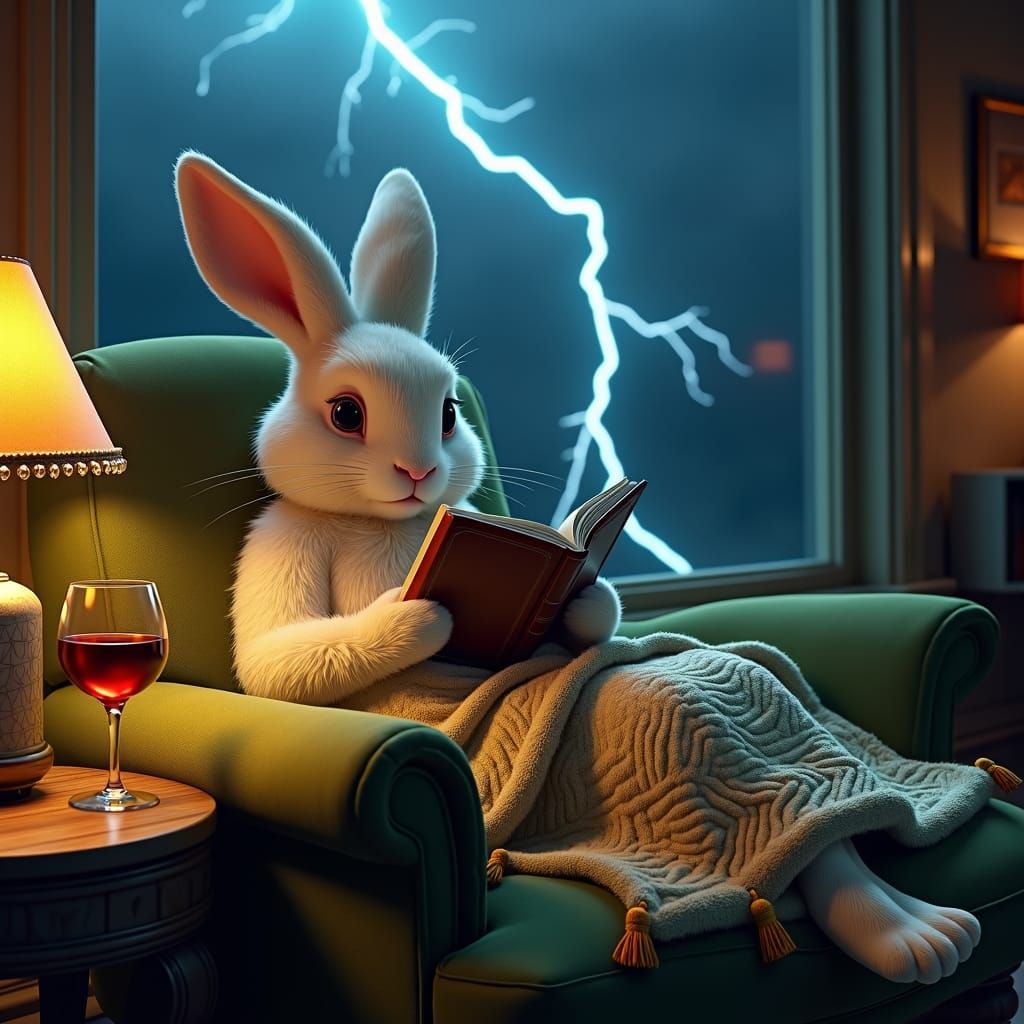 Anthropomorphic Bunny Reading During Storm