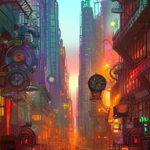 Steampunk New York Street at Dawn: Psychedelic Concept Art