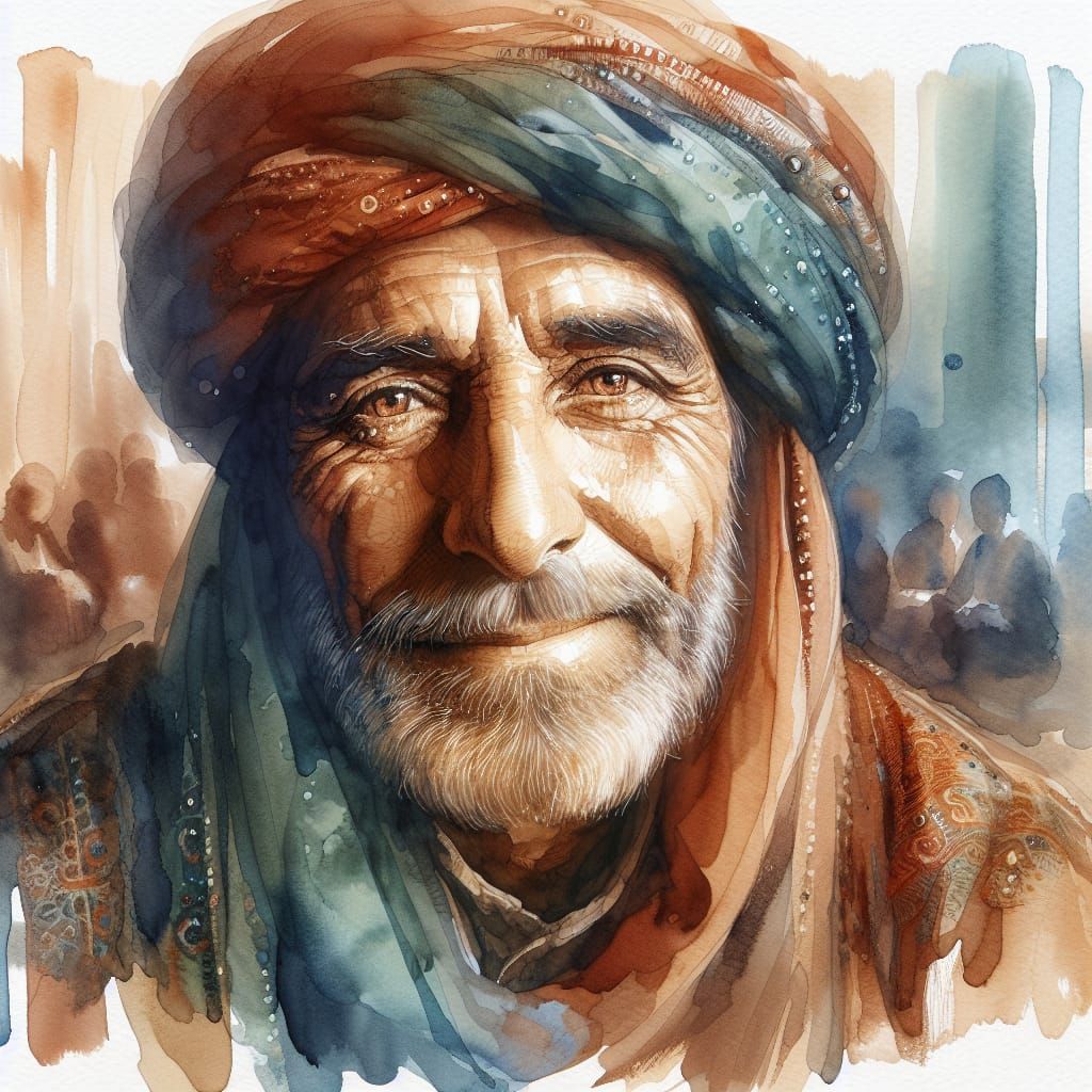 Middle Eastern Storyteller Portrait in Warm Watercolor