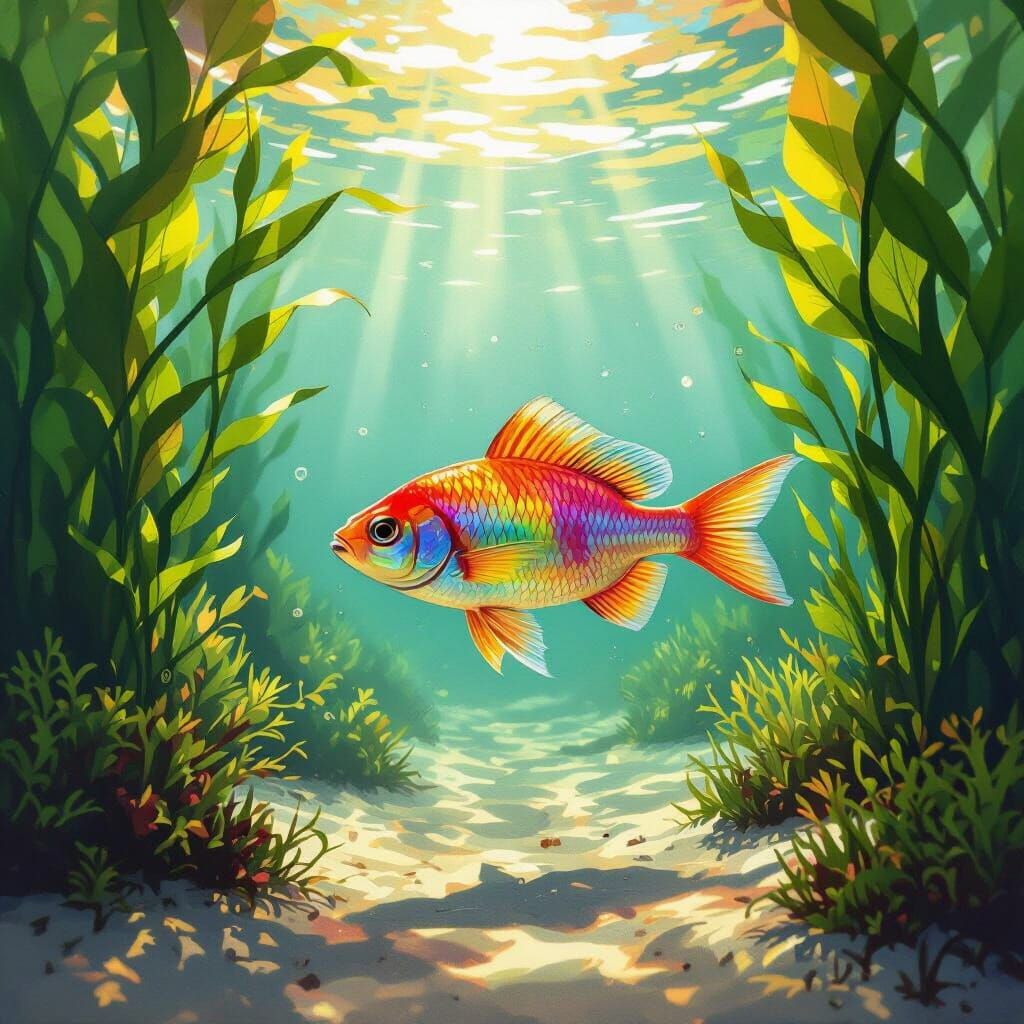 Vibrant Rainbow Fish in Sunlit Lake, Impressionist Style