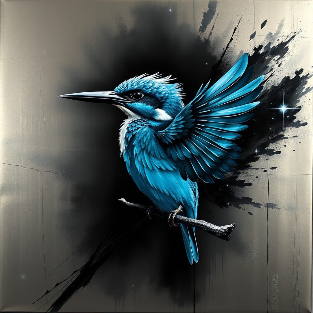 Cyan Kingfisher in Dramatic Chiaroscuro Against Metallic Bac...