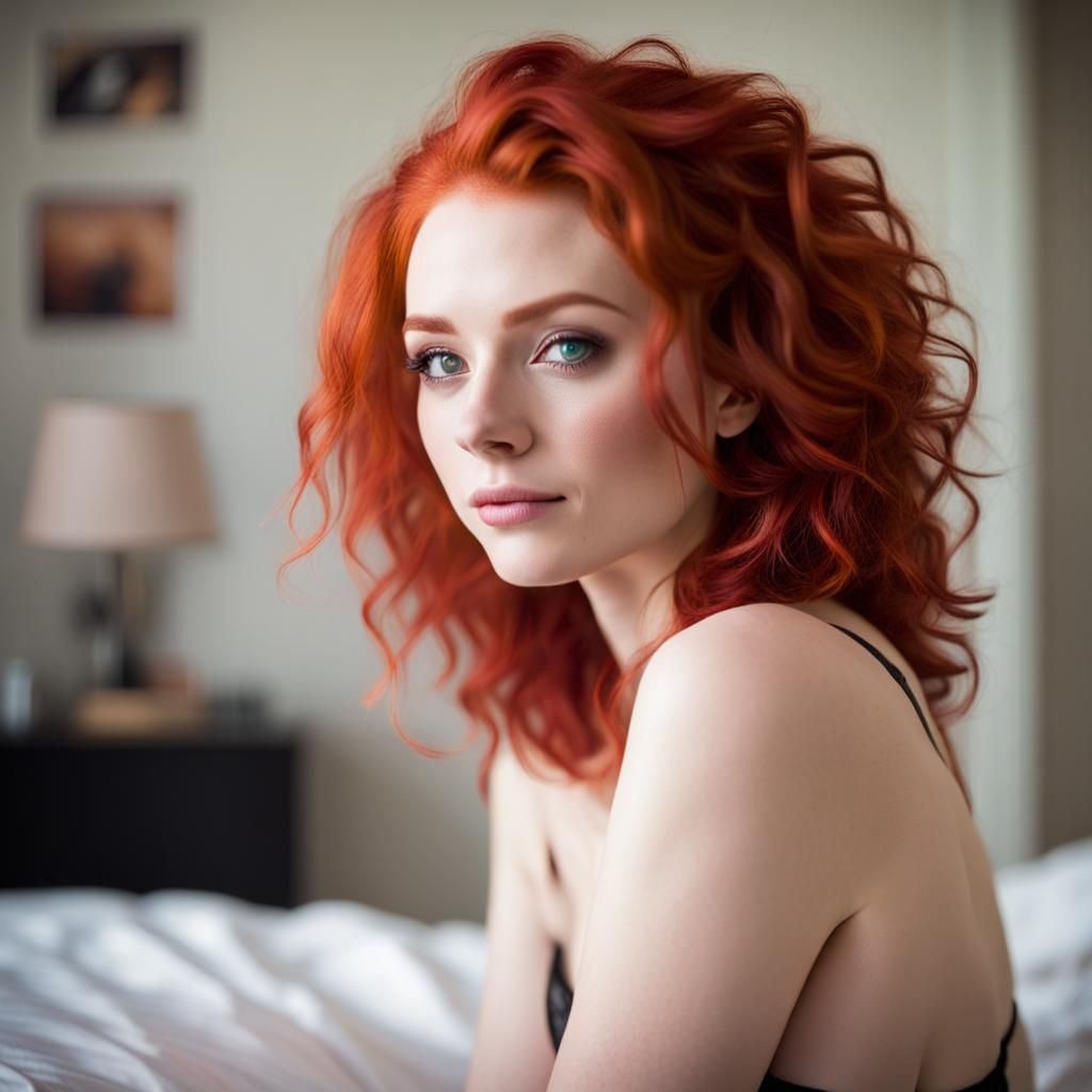 Woman with Red Hair in Bedroom Photograph