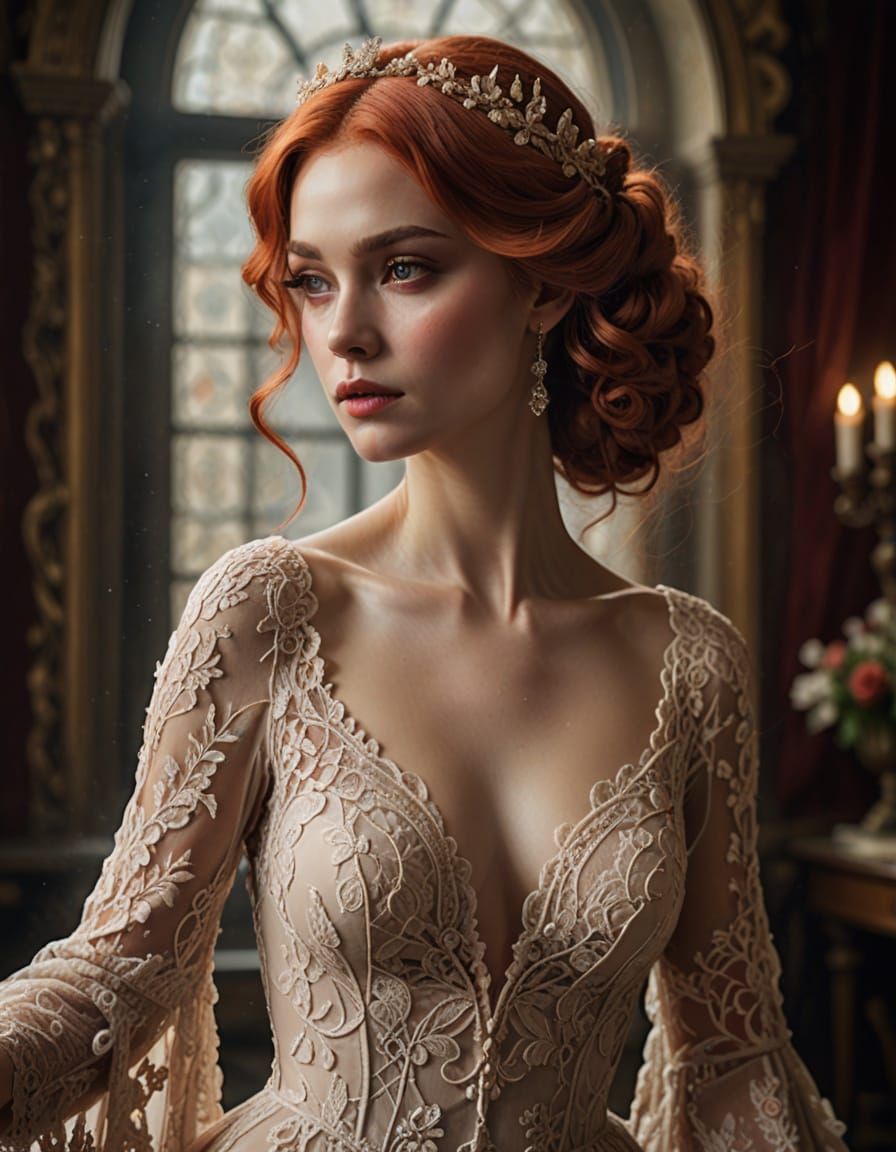 Redhead in Ethereal Lace and Silk Haute Couture Gown
