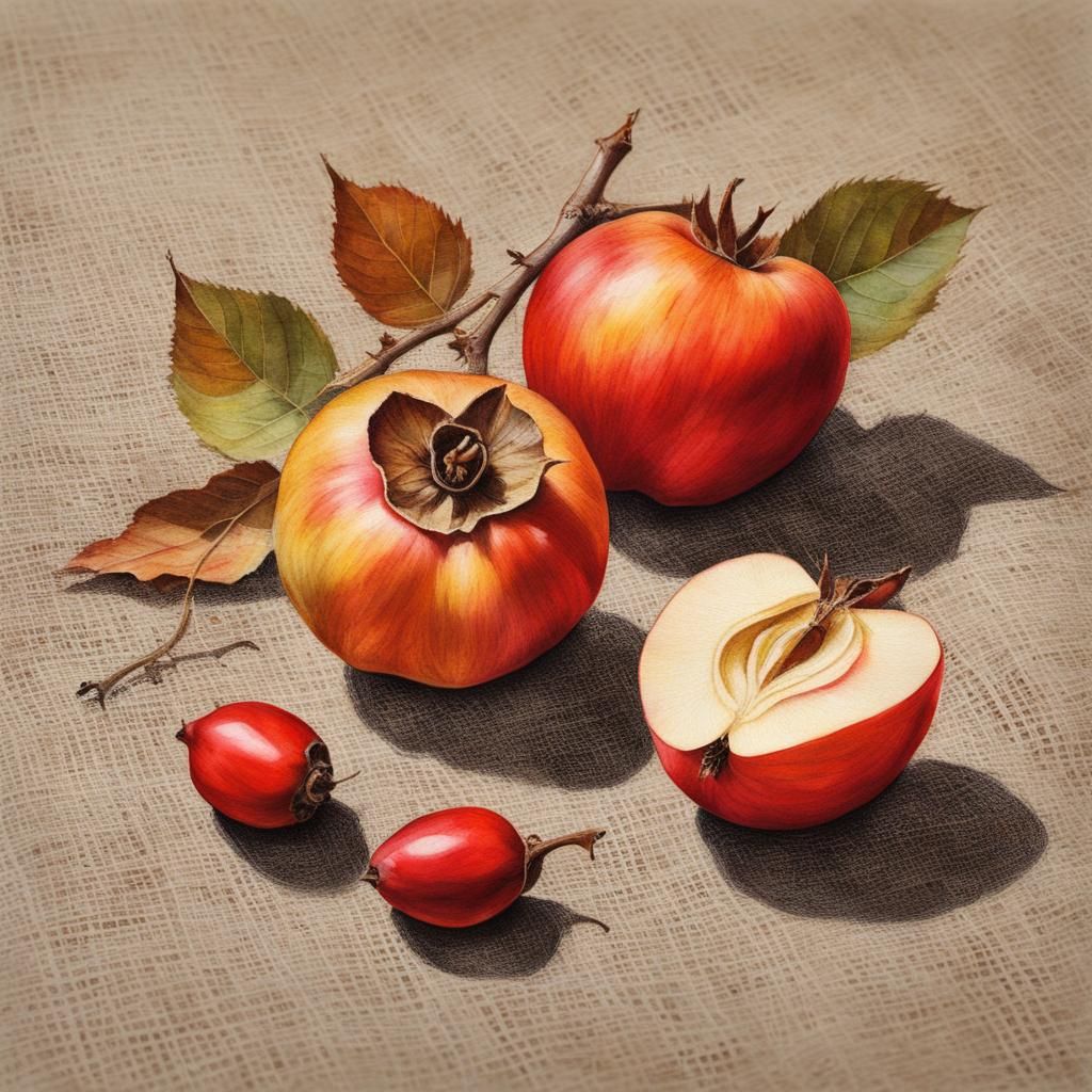 Rose Hips and Apples Still Life in Gouache Watercolor