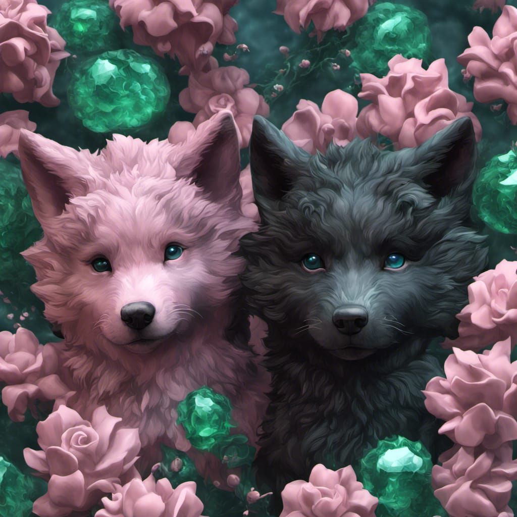 Black and Pink Wolf Puppies in Fantasy Style