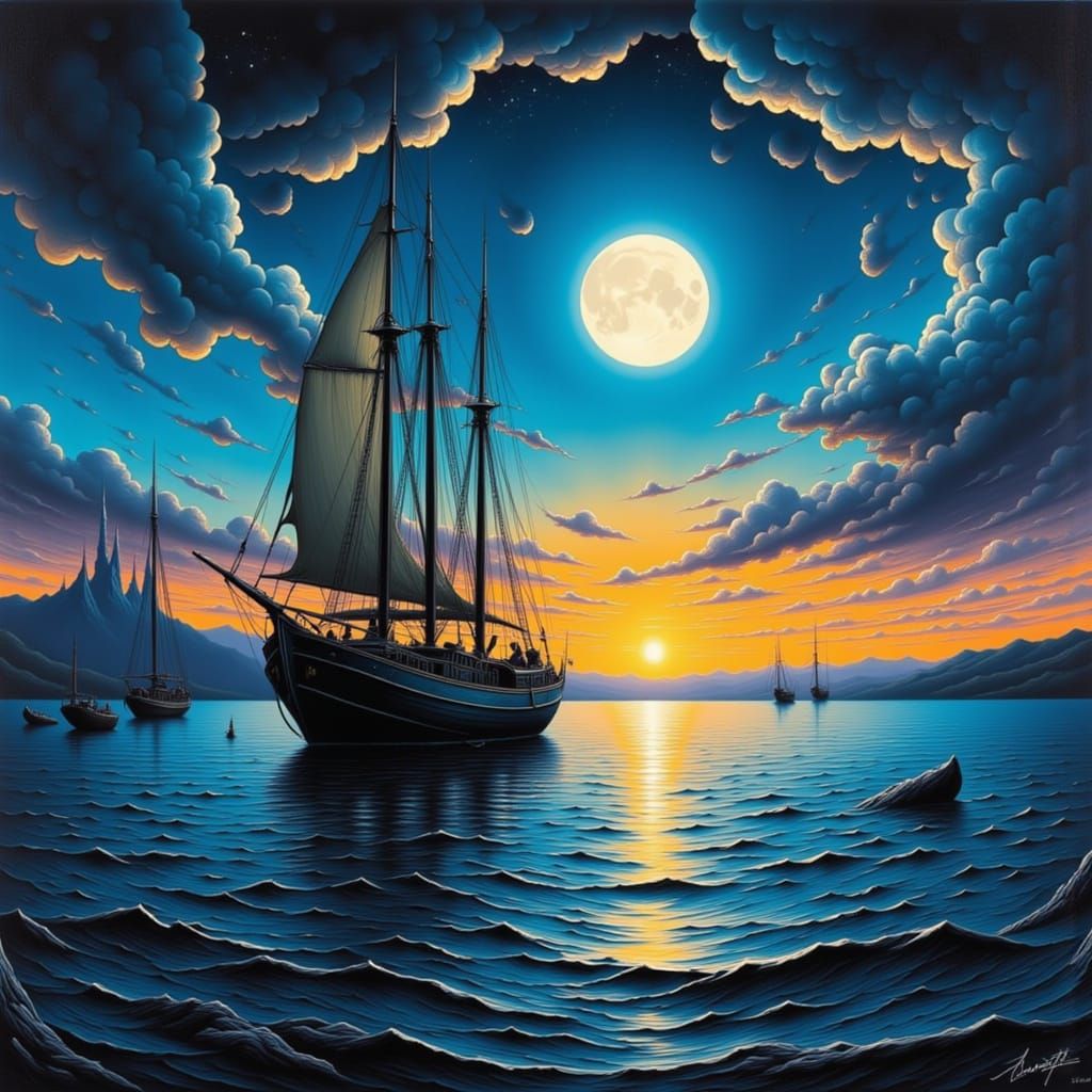 Pirate Ship Sailing Under Gibbous Moon
