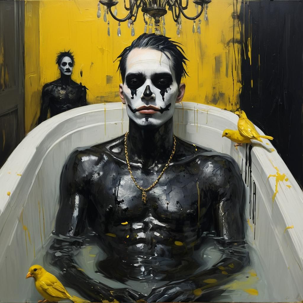 Gothic Portrait: Man, Canary, and Chandelier as Scumbling Pa...