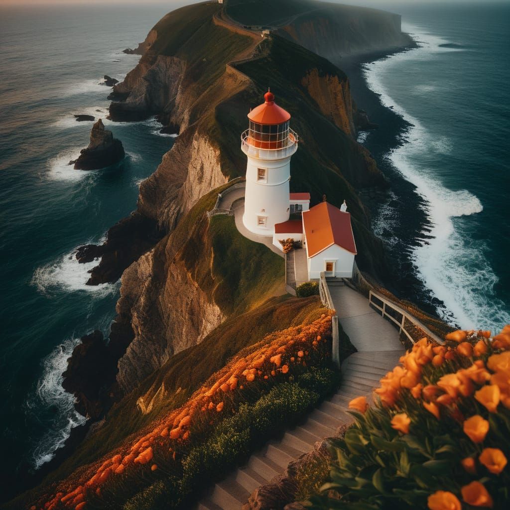 Dramatic Lighthouse on Cliff at Sunset: Cinematic Film Still