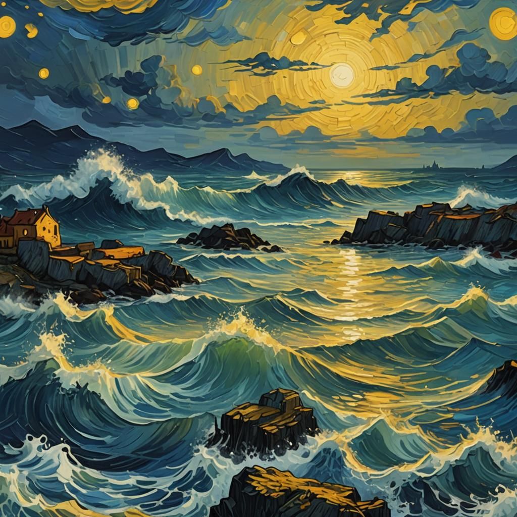 Mystical Sea Evening Landscape as Impasto Painting