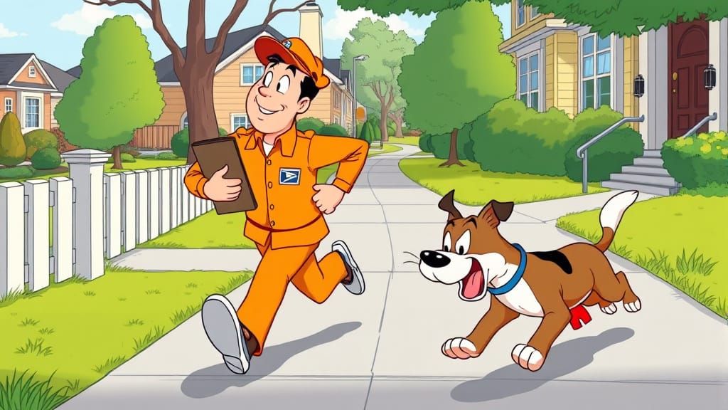 Dog Chases Postal Worker in Classic Cartoon Style