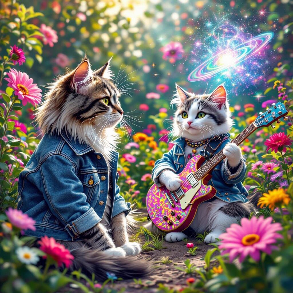 Cats in Psychedelic Garden with Astral Projections