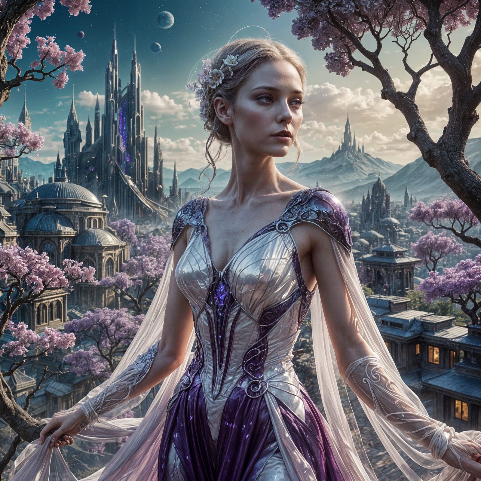 Ethereal Alien Beauty in Sci-Fi Cityscape