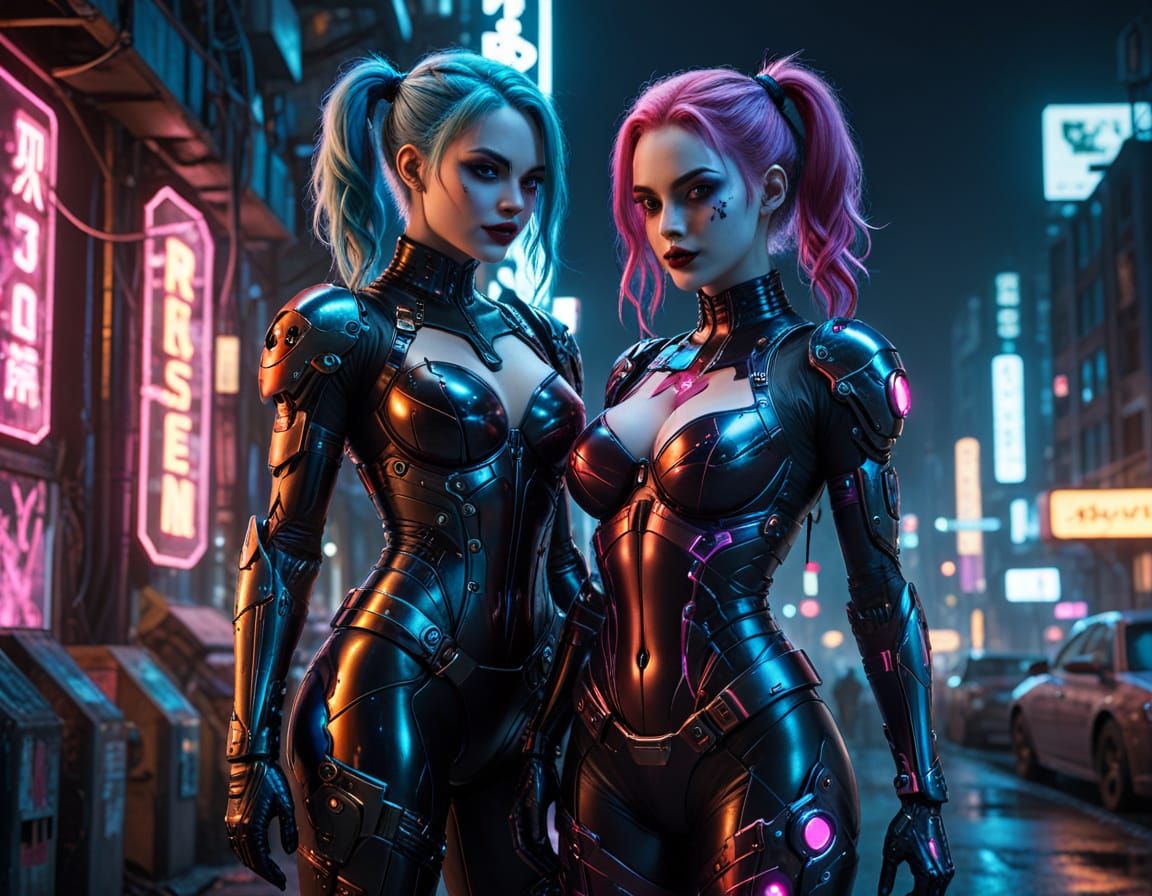 Cyberpunk Goddesses Unite in Neon-Lit Cityscape