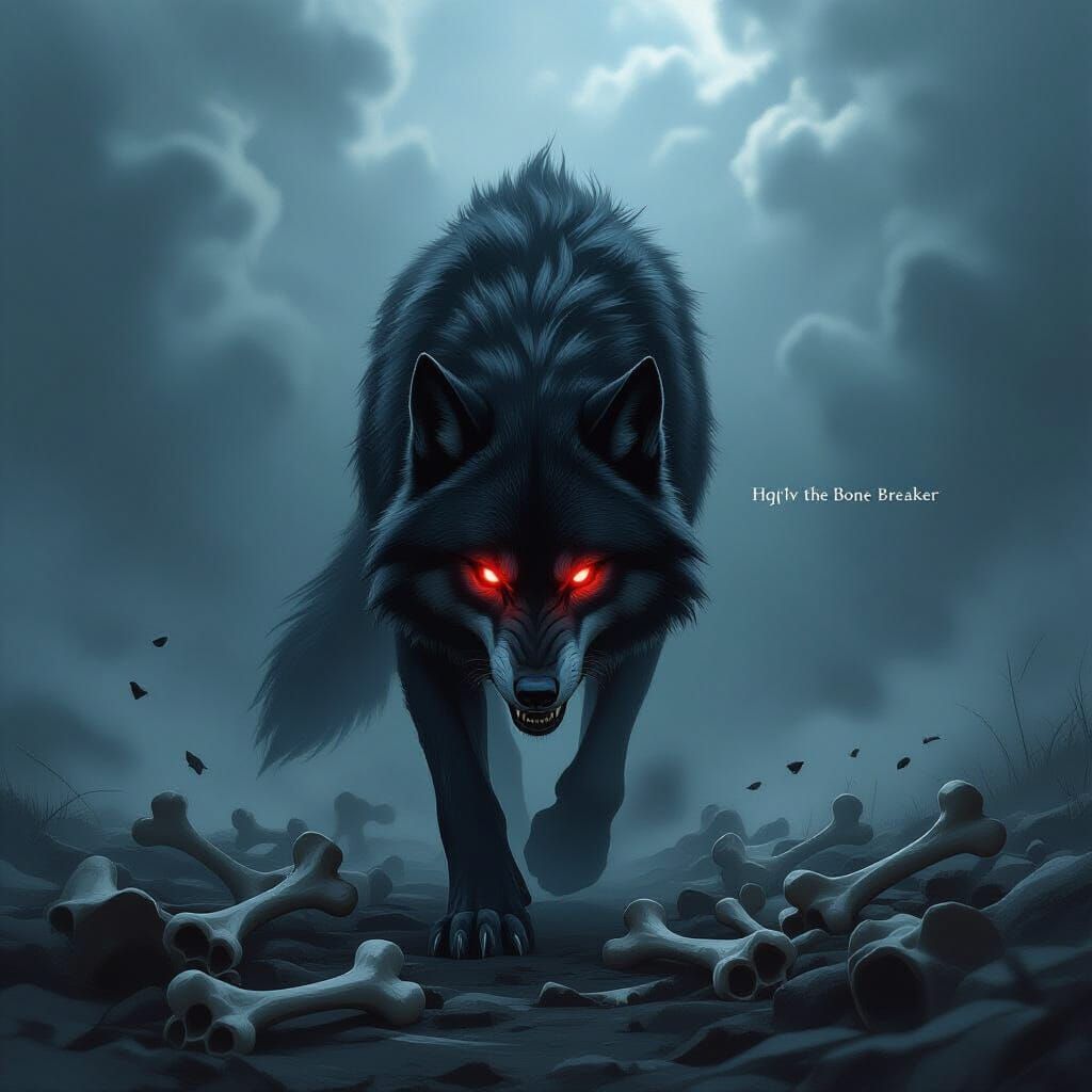 Black Wolf with Red Eyes Growls Over Bones
