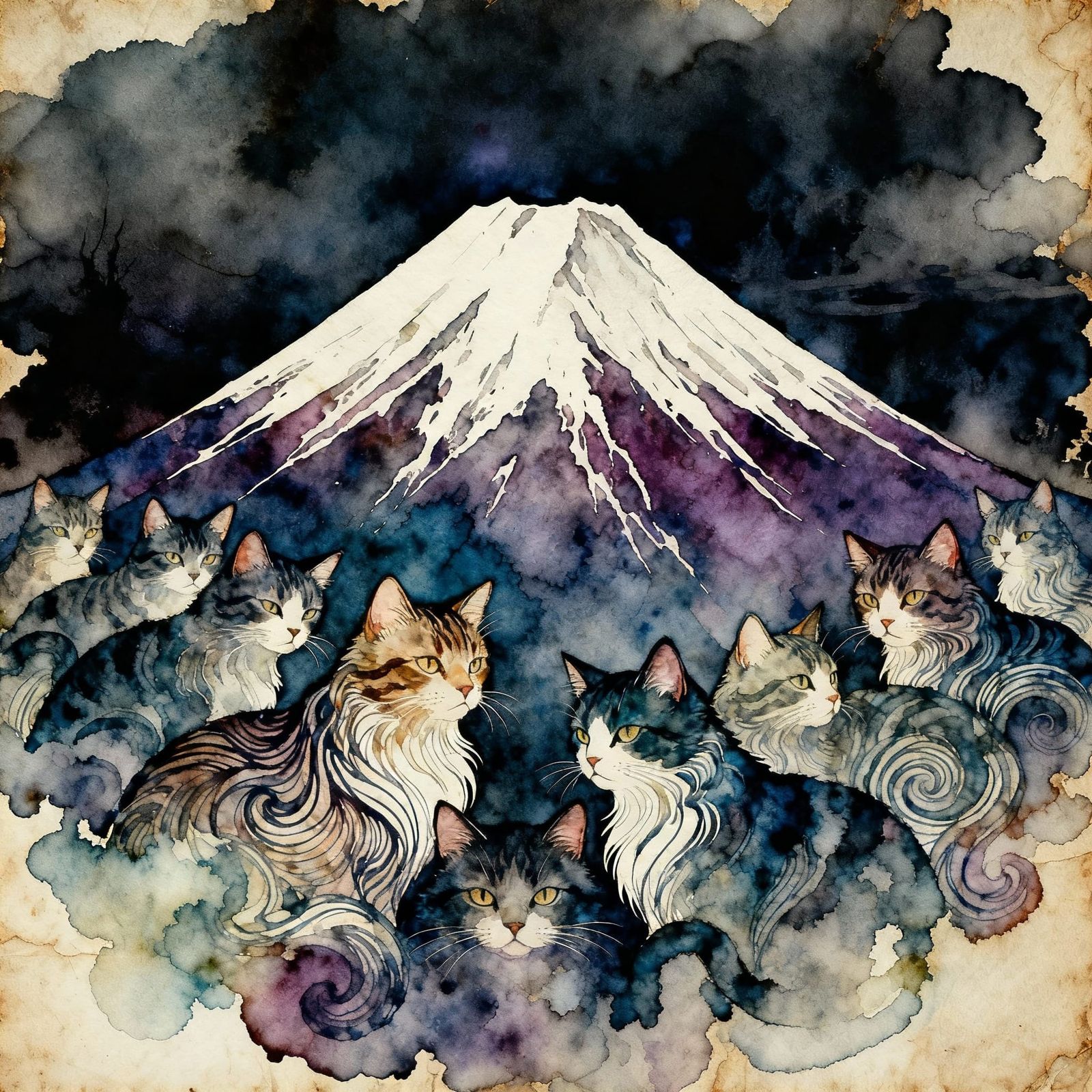 Mount Fuji Formed By Cats, Alcohol Ink Watercolor