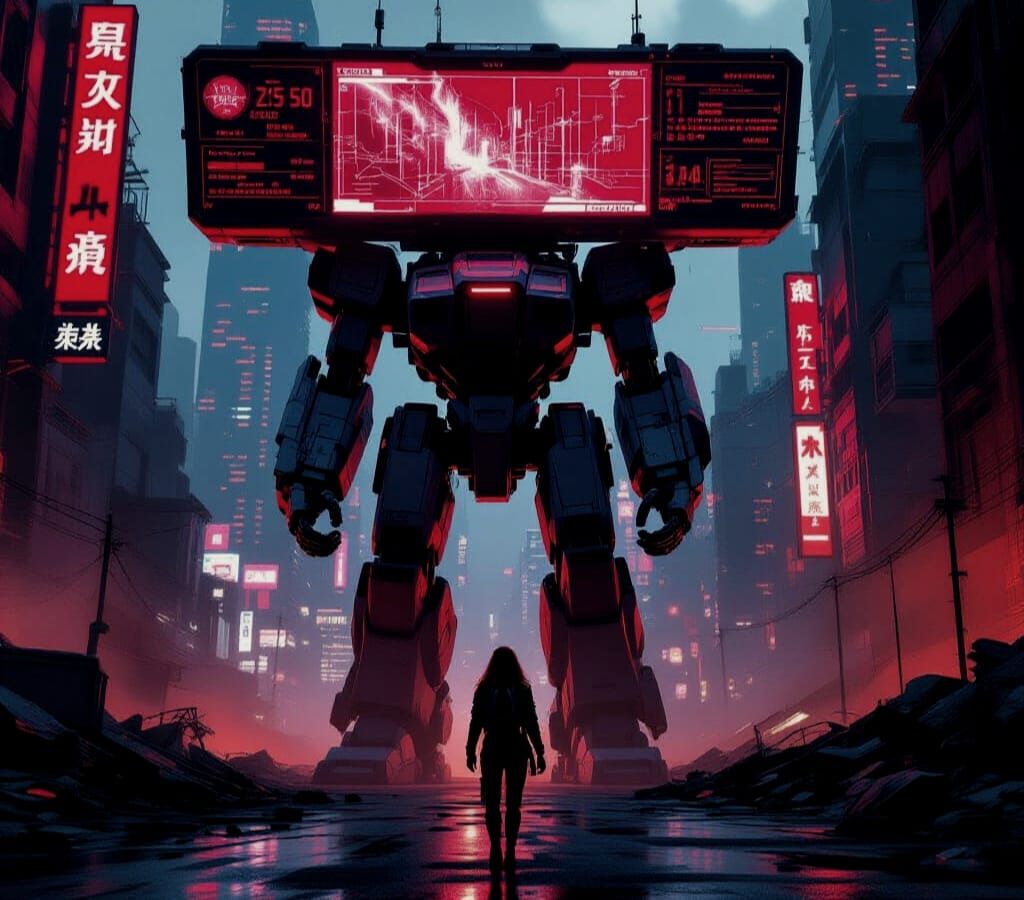 Cyberpunk Mech Warrior in Ruined City