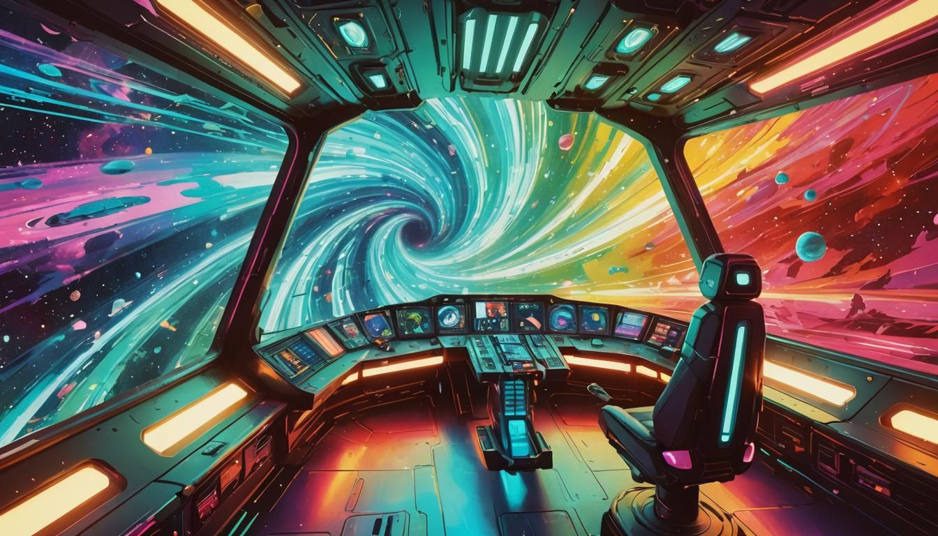 Spaceship Cockpit Hurtling Through Wormhole in Psychedelic S...