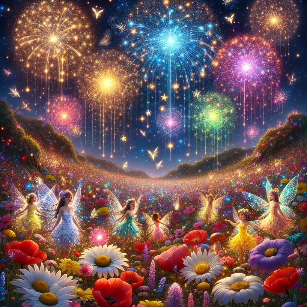 Vibrant Wildflowers Bloom Under Starry Night Sky in Whimsica...