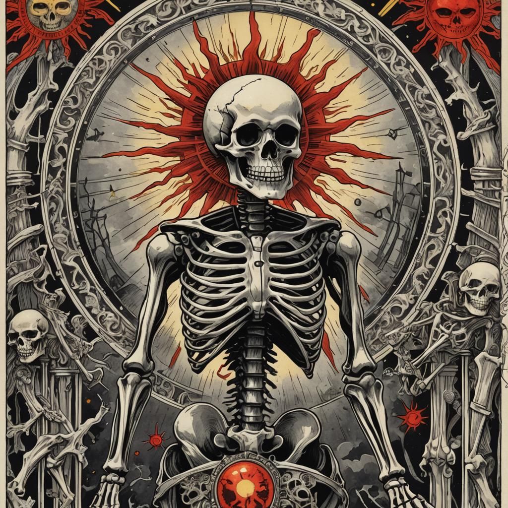 Skeleton Sun Tarot Card with Esoteric Symbols