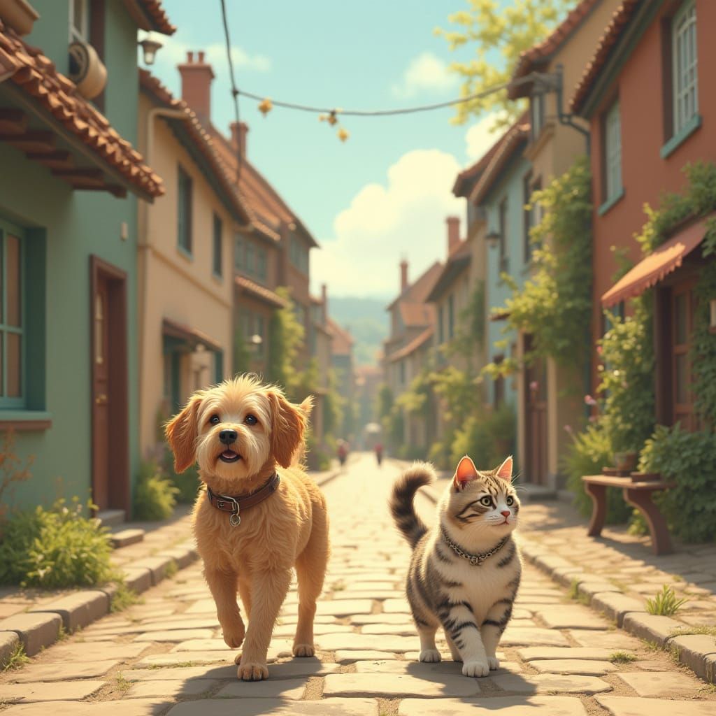 Dog and Cat Strolling Down Cobblestone Street