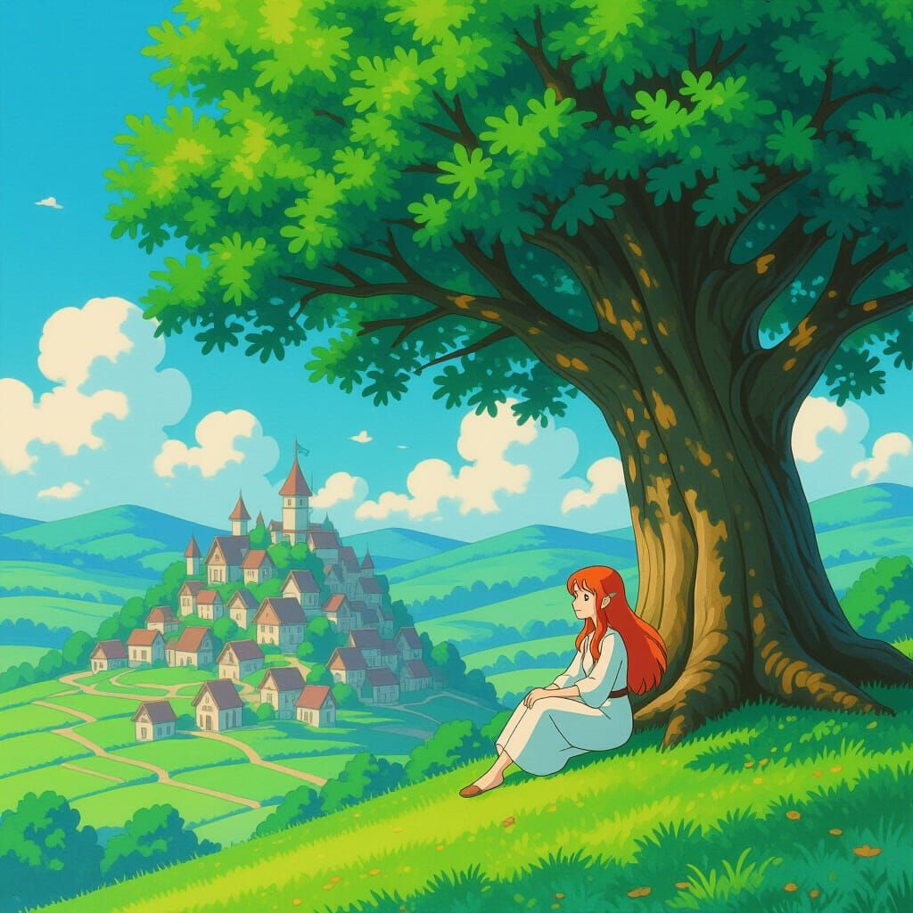 Anime Elf Overlooking Magical Village
