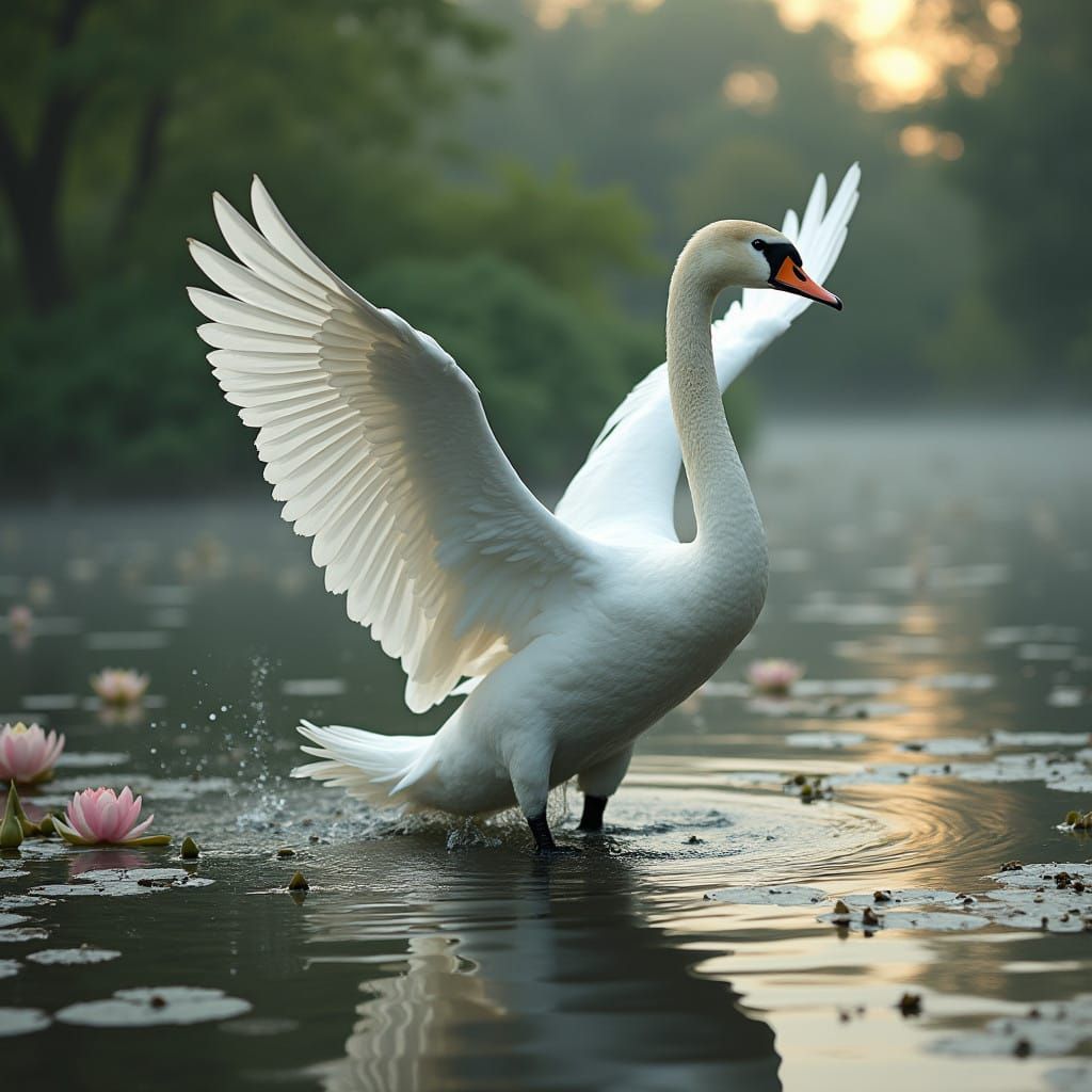 Majestic Trumpeter Swan Descends to Serene Pond
