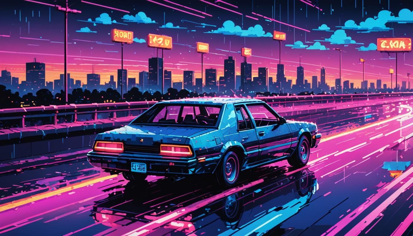 Neon Highway Car in 8-bit Pixel Art