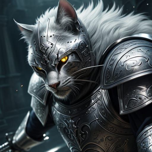Cat Knight in Silver Armor with Sword