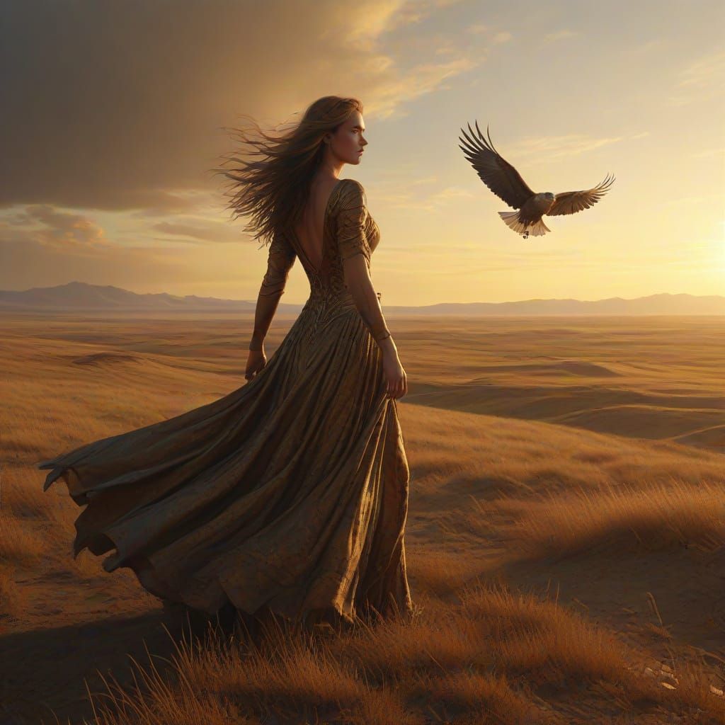 Young Woman in Vast Steppe at Sunrise, Digital Painting
