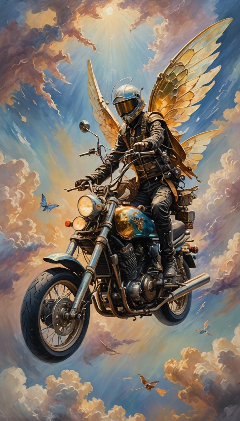 Surreal Motorcycle Fairy Soaring Through Misty Sky