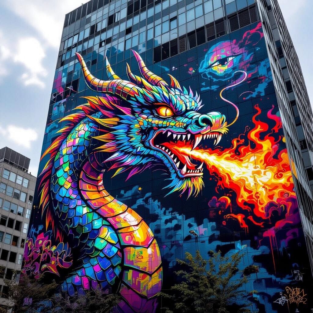 Futuristic Skyscraper Graffiti Mural of a Dragon