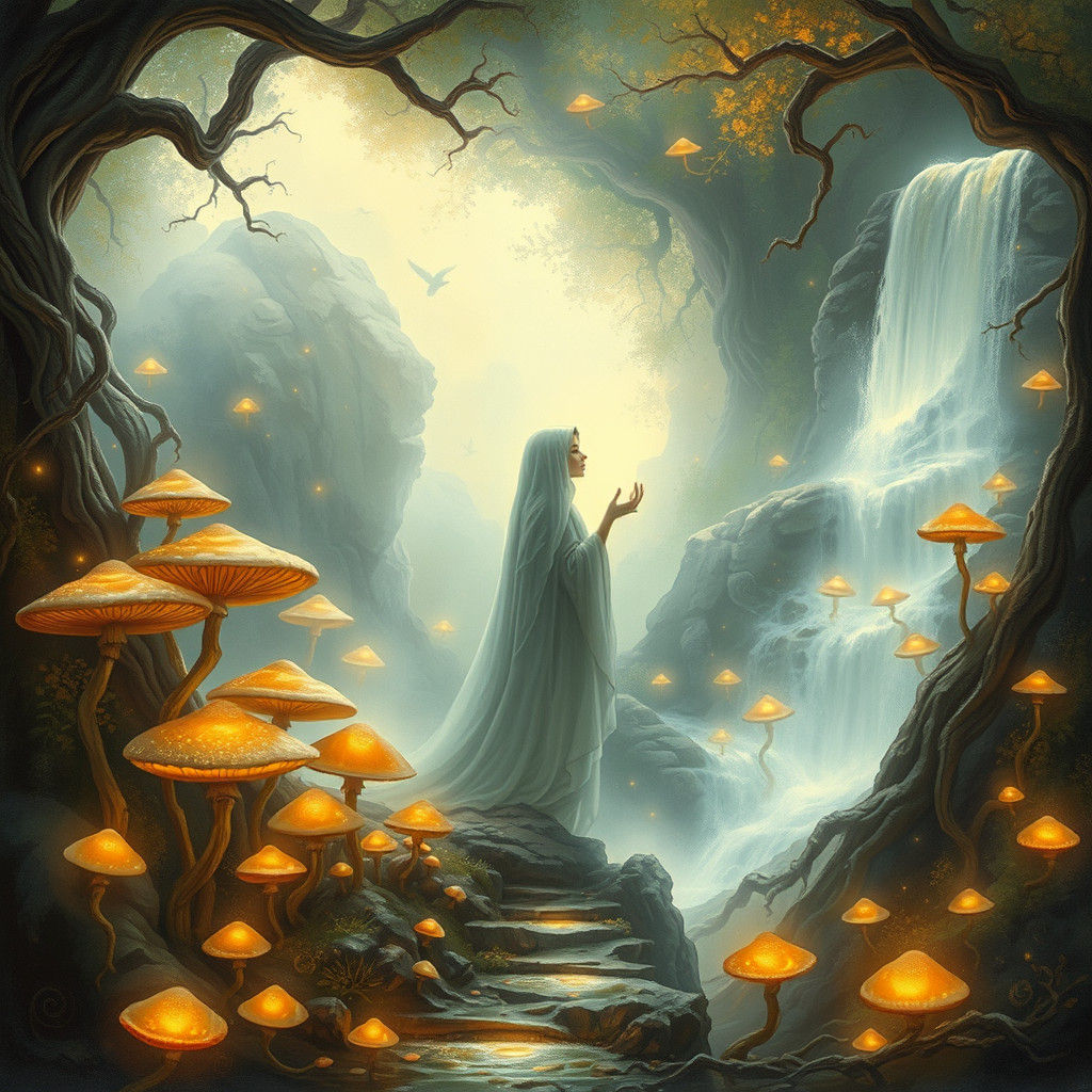 Mystical Figure Speaks Wisdom in Ethereal Landscape