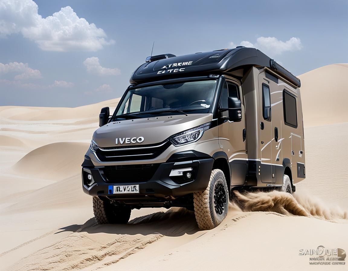 motorhome-world, discoverer extreme 4x4 IVECO motorhome camper in the Sahara desert lifting a front wheel going through ...