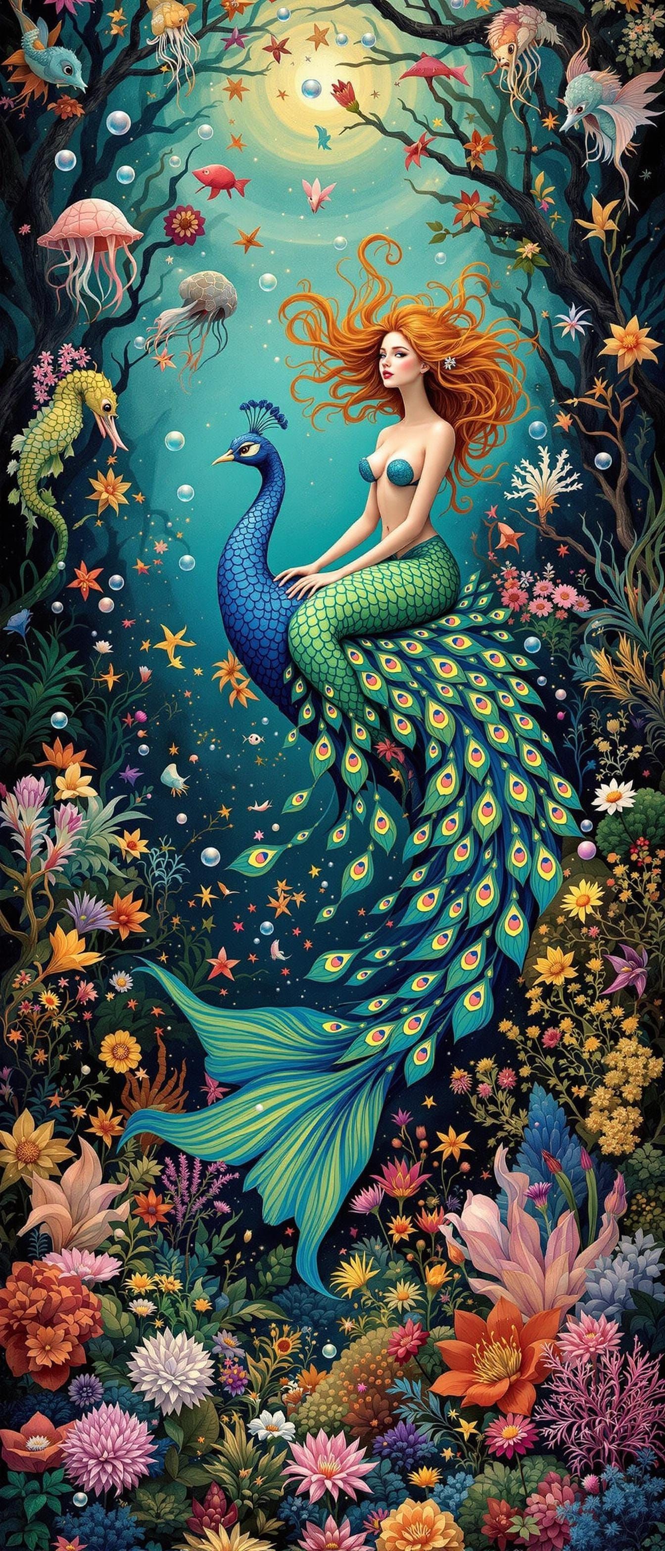 Mermaid Riding Peacock in Lush Underwater Garden