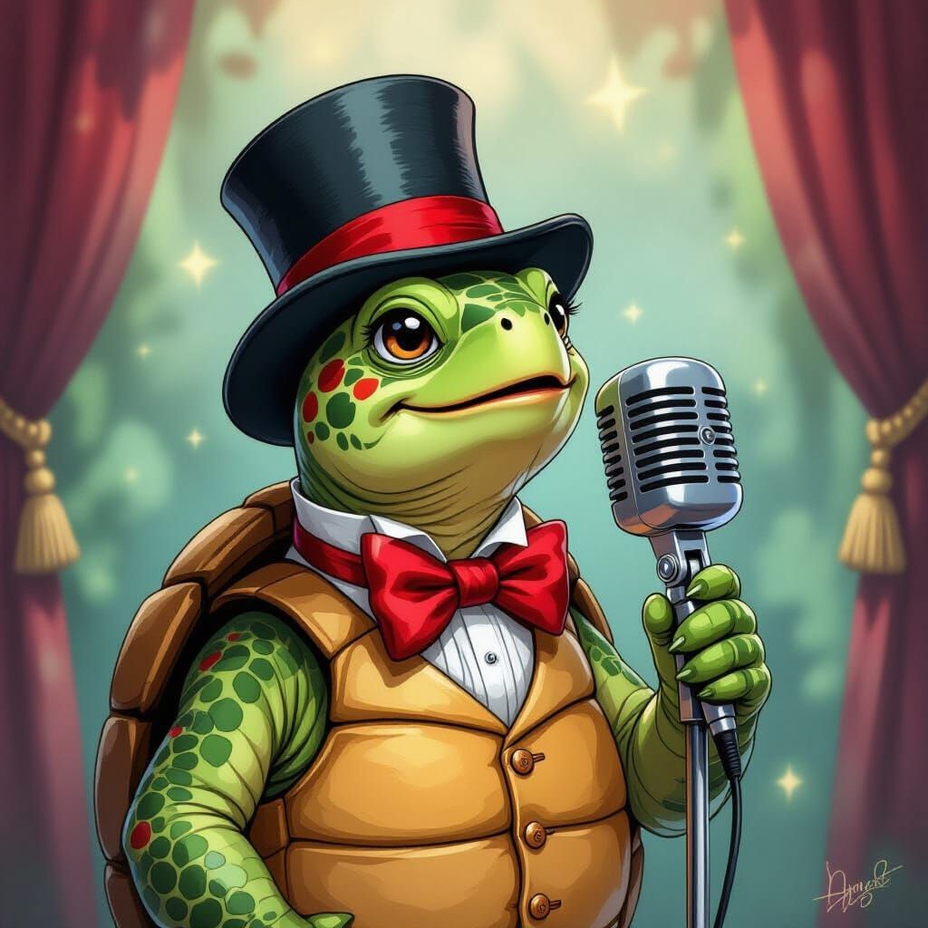 Turtle Singer in Whimsical Nostalgic Style