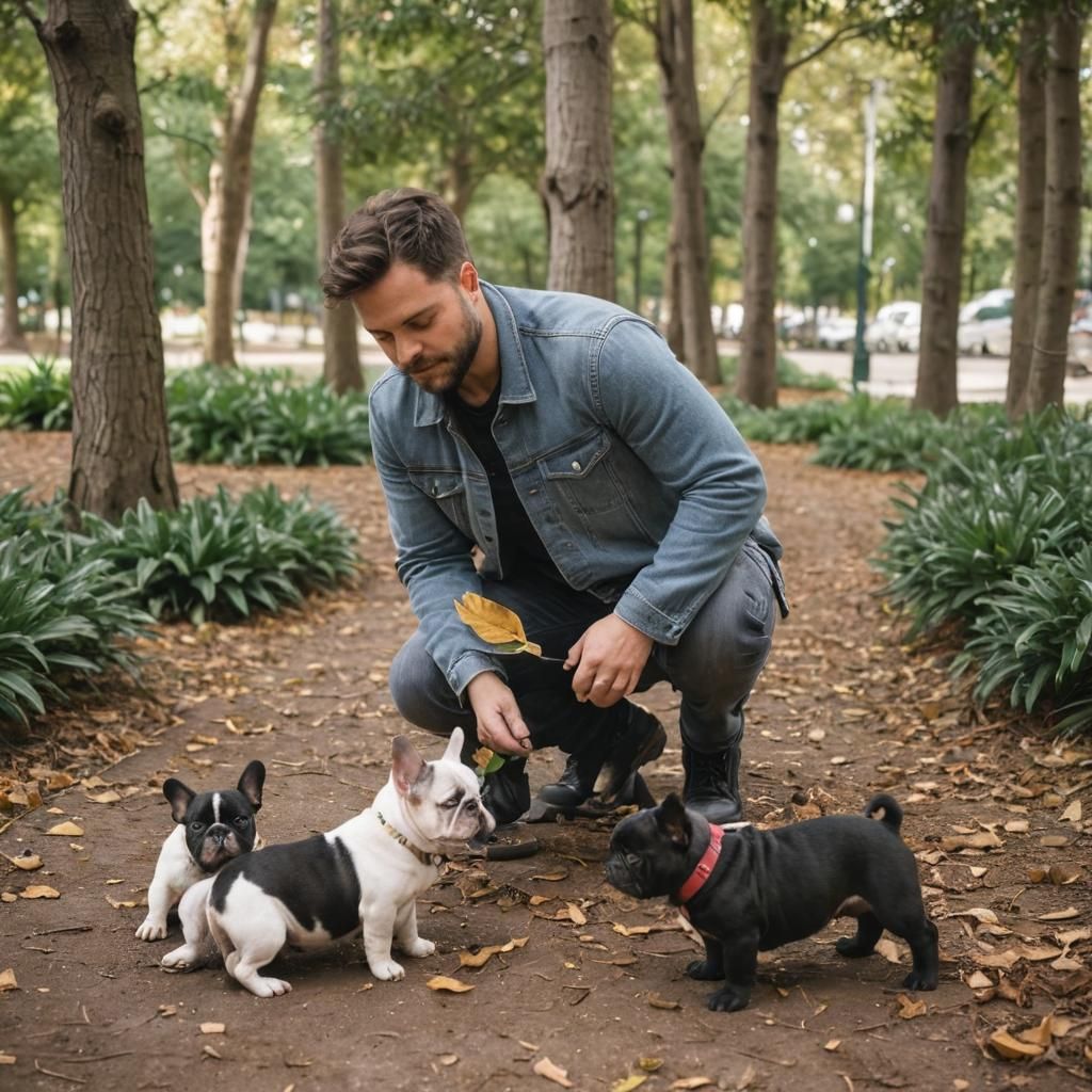Man Plays with French Bulldogs: Candid Dog Portrait