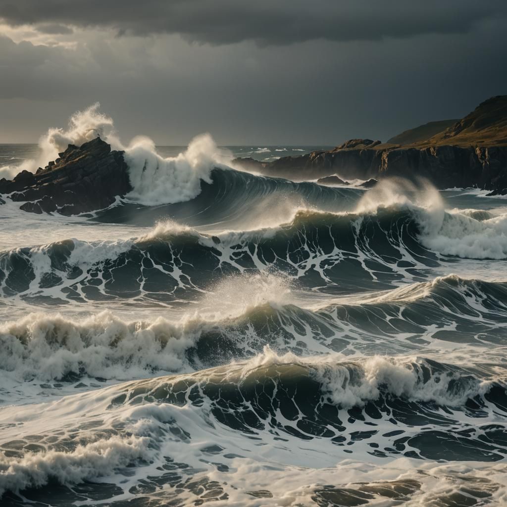 Dramatic Stormy Sea on Rocky Coastline in Film Noir