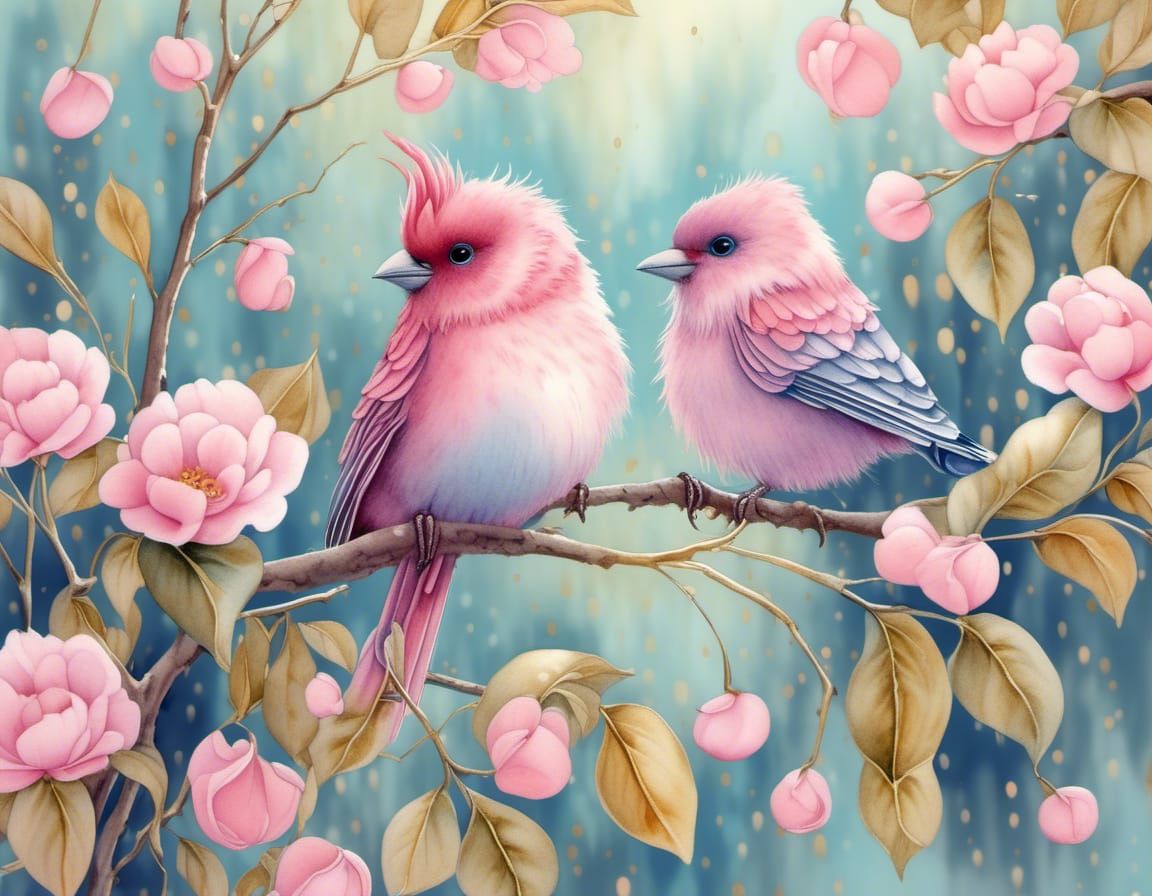 Pink Bird on Branch in Watercolor Style