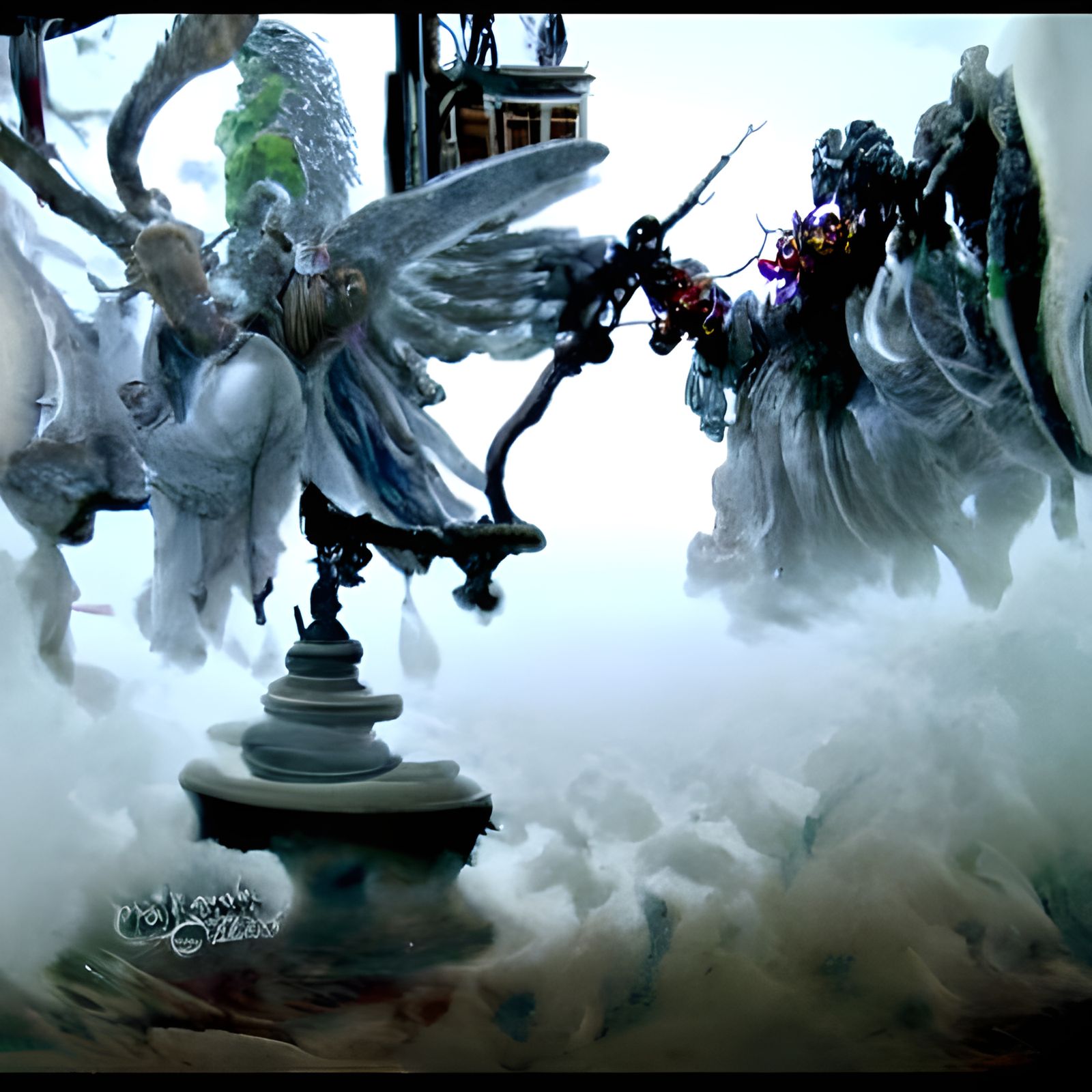 Angels and Demons Battle in Ethereal Mist