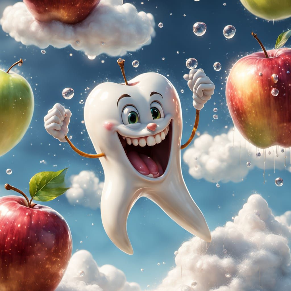 Whimsical Cartoon Tooth Juggles Apples in a Breathtaking Sky
