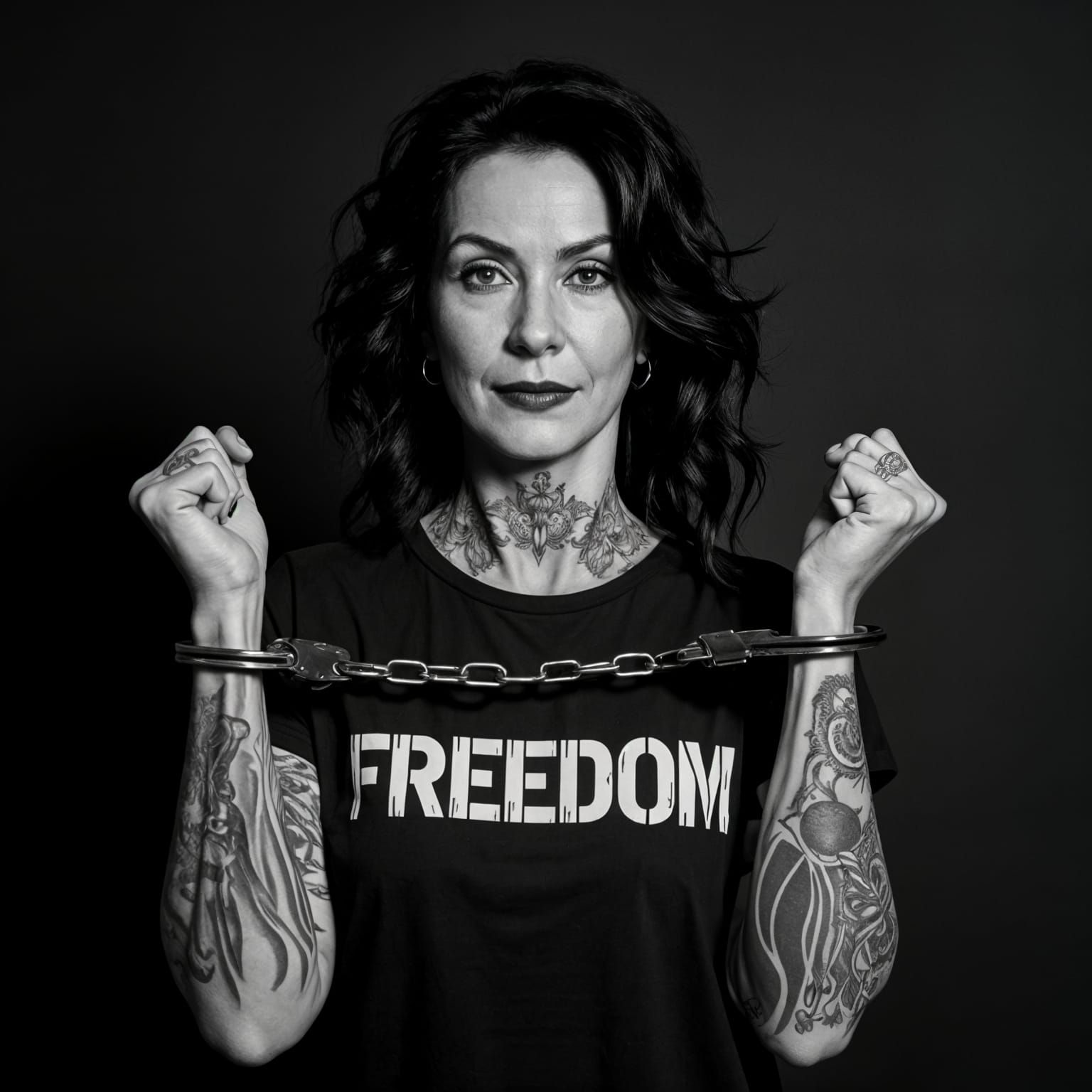 Ethereal Portrait of a Tattooed Woman in Freedom T-Shirt