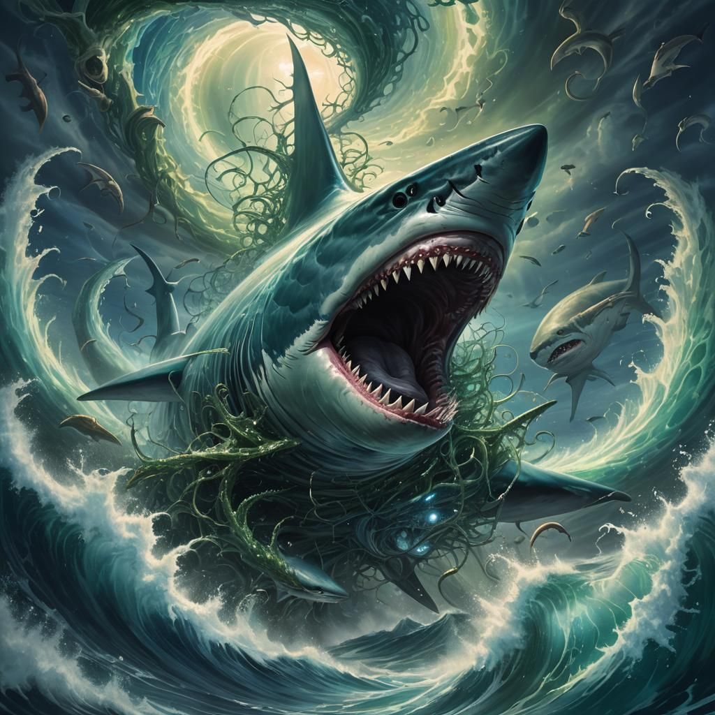Bioluminescent Sharknado Over Prismatic Sea, Surreal Illustr...