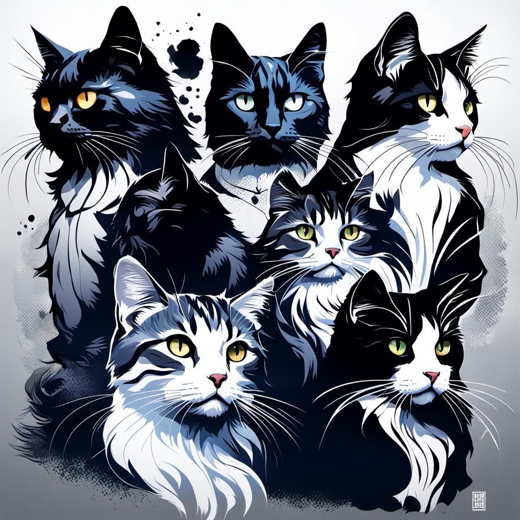 Detailed Portrait of Five Cats in Art Nouveau Style