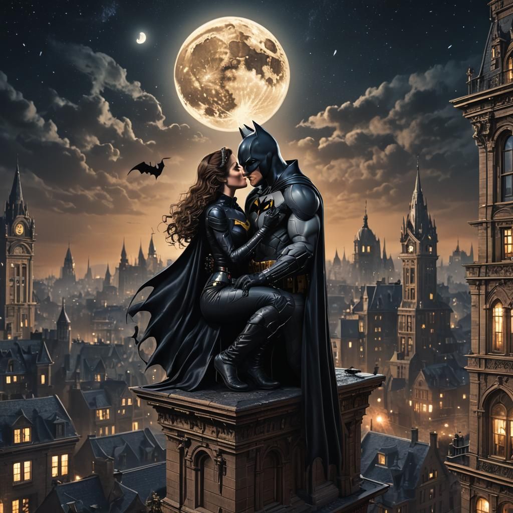 Batman and Catwoman Kissing Under the Moon