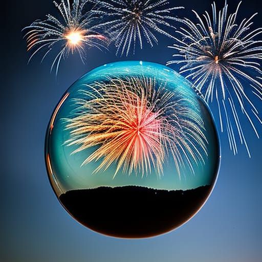 Fireworks Display Refracted Through Glass Ball