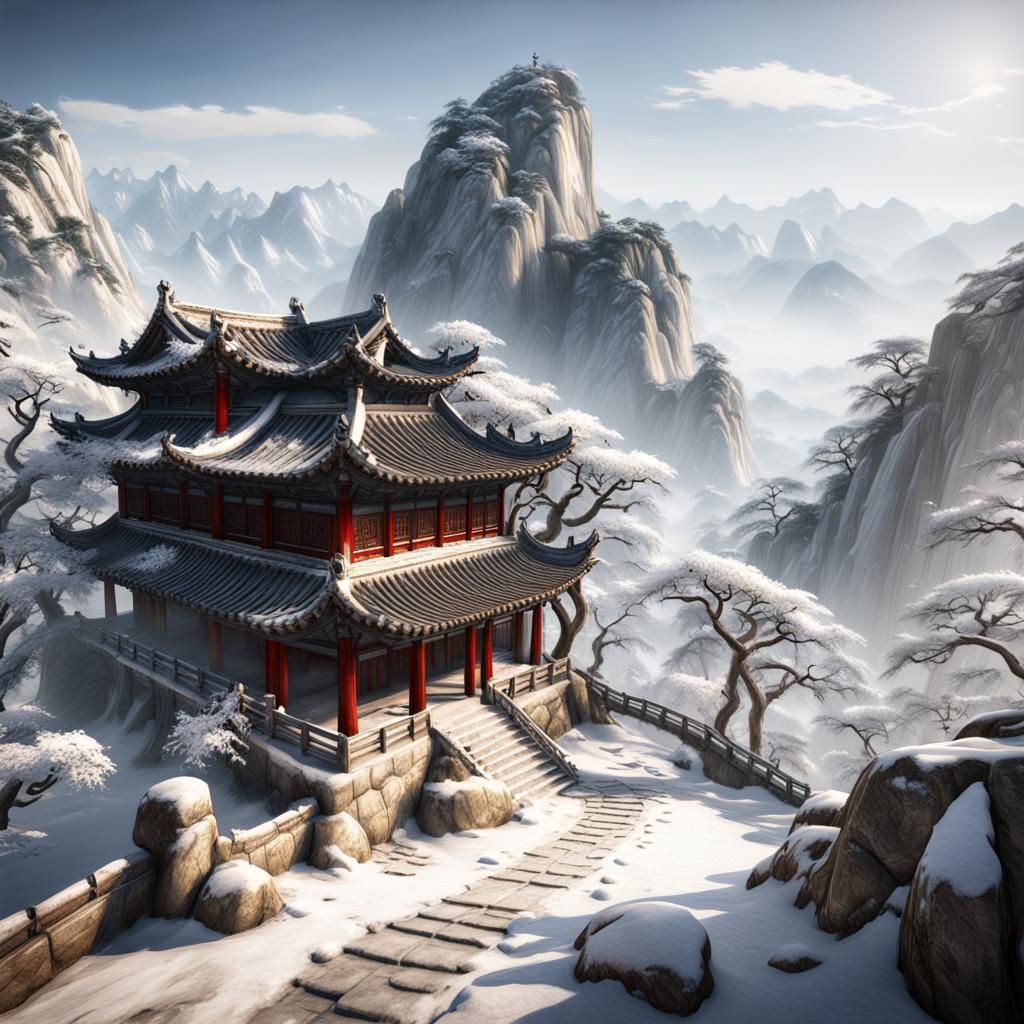 Snowy Path to Hua Shan, Photorealistic Concept Art