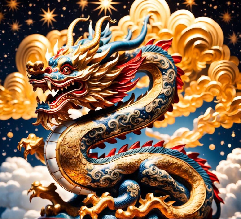 Porcelain Chinese Dragon Figurine in Night Sky